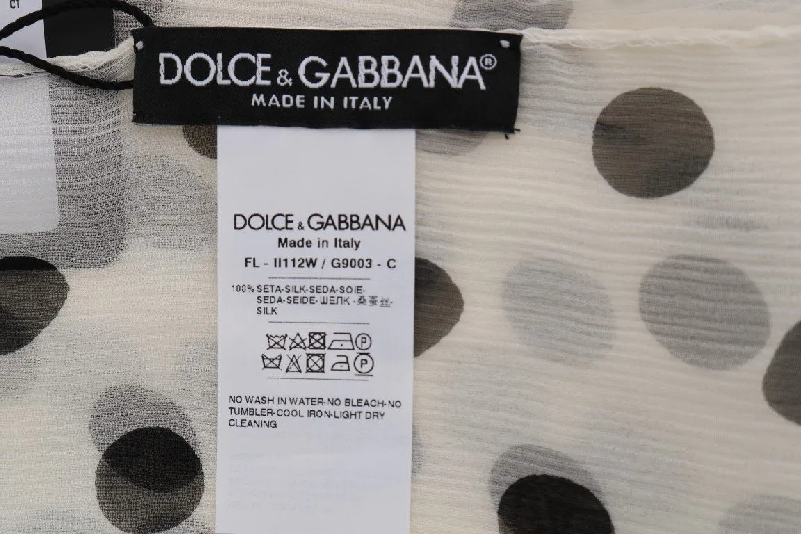 White Black Polka Dotted Silk Scarf