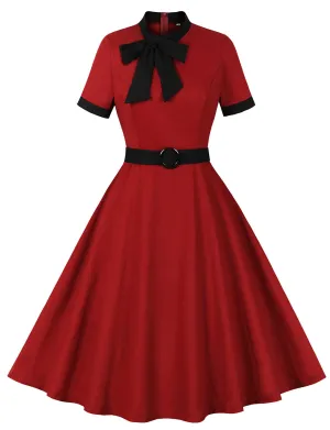 Wine Red Bow Collar 1950s Vintage Swing Dress With Belt