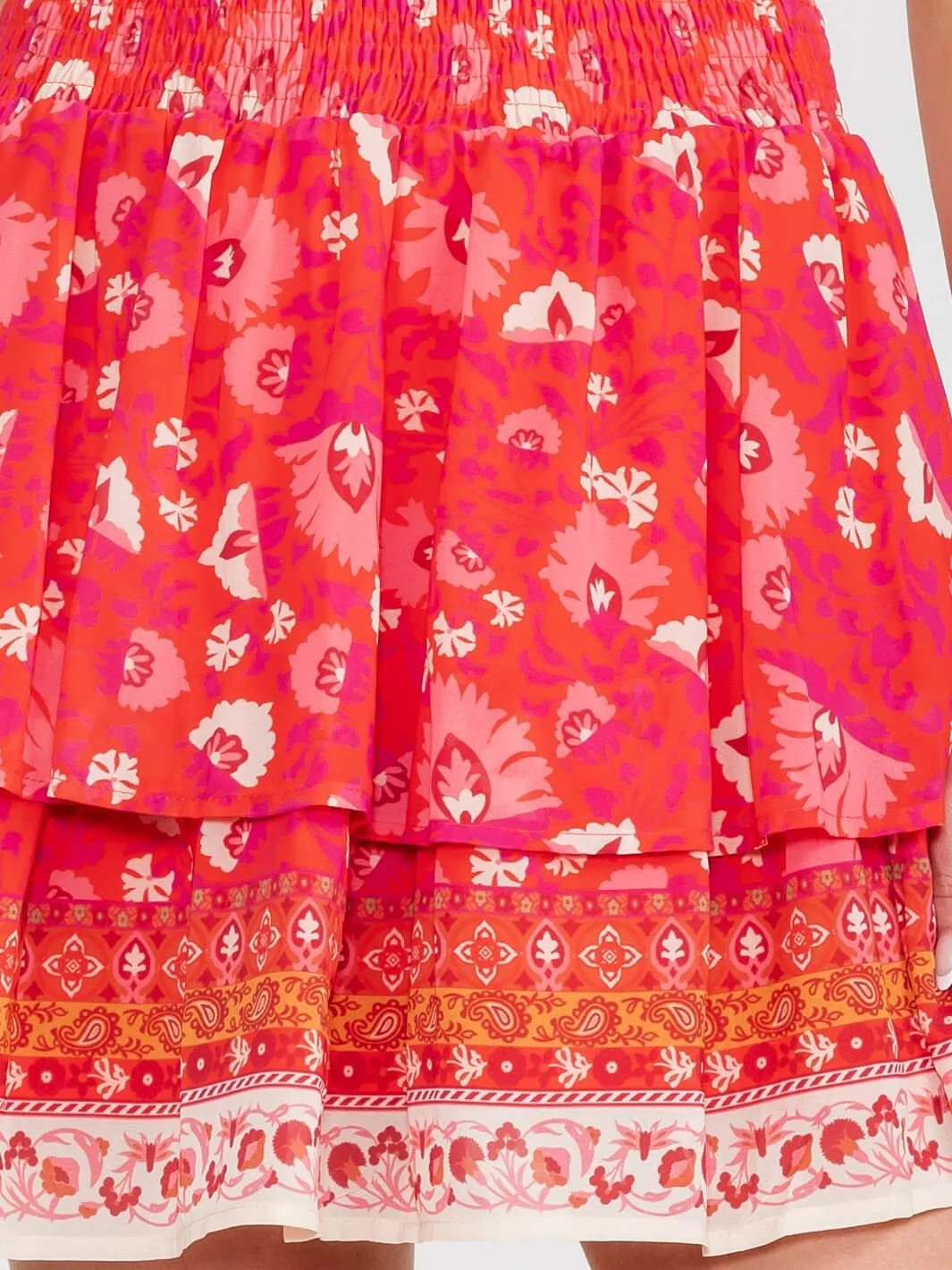 WOMEN'S ELASTIC WAIST RUFFLE FLORAL TIERED MINI SKIRT