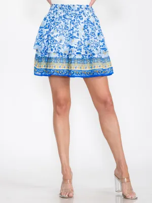 WOMEN'S ELASTIC WAIST RUFFLE FLORAL TIERED MINI SKIRT