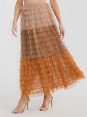 WOMEN'S ELASTIC WAIST TIERED RUFFLE COLORBLOCK MAXI SKIRT