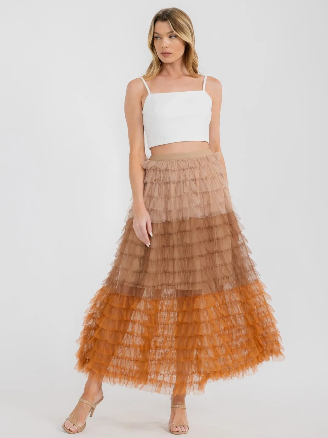 WOMEN'S ELASTIC WAIST TIERED RUFFLE COLORBLOCK MAXI SKIRT
