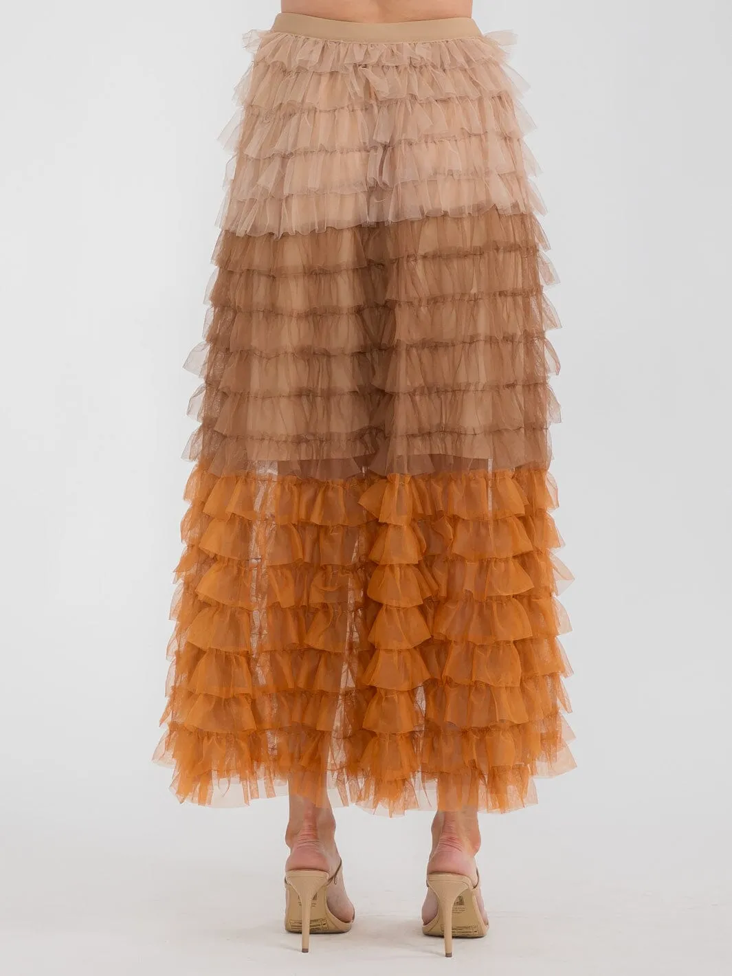 WOMEN'S ELASTIC WAIST TIERED RUFFLE COLORBLOCK MAXI SKIRT