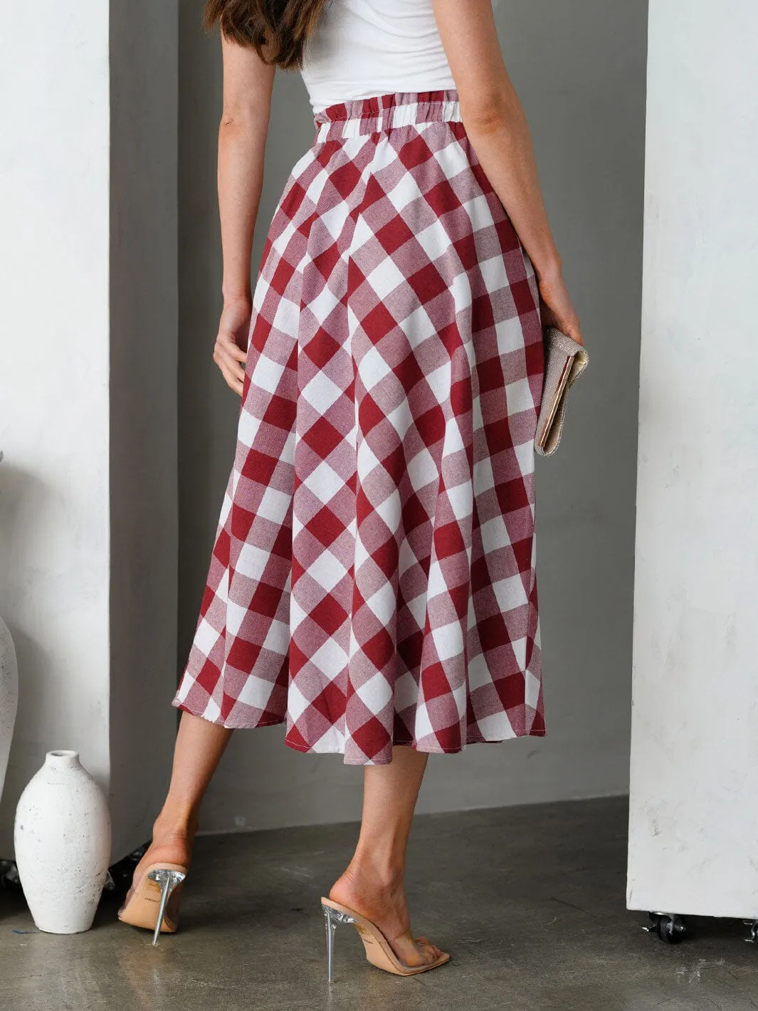 WOMEN'S FLARE PLAID MIDI SKIRT
