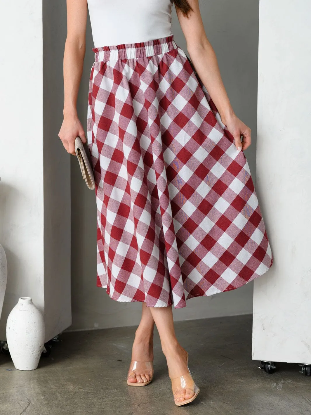 WOMEN'S FLARE PLAID MIDI SKIRT
