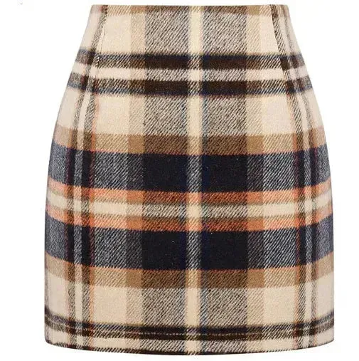 Women's High Waist Plaid Tight Pencil Wool Mini Skirt
