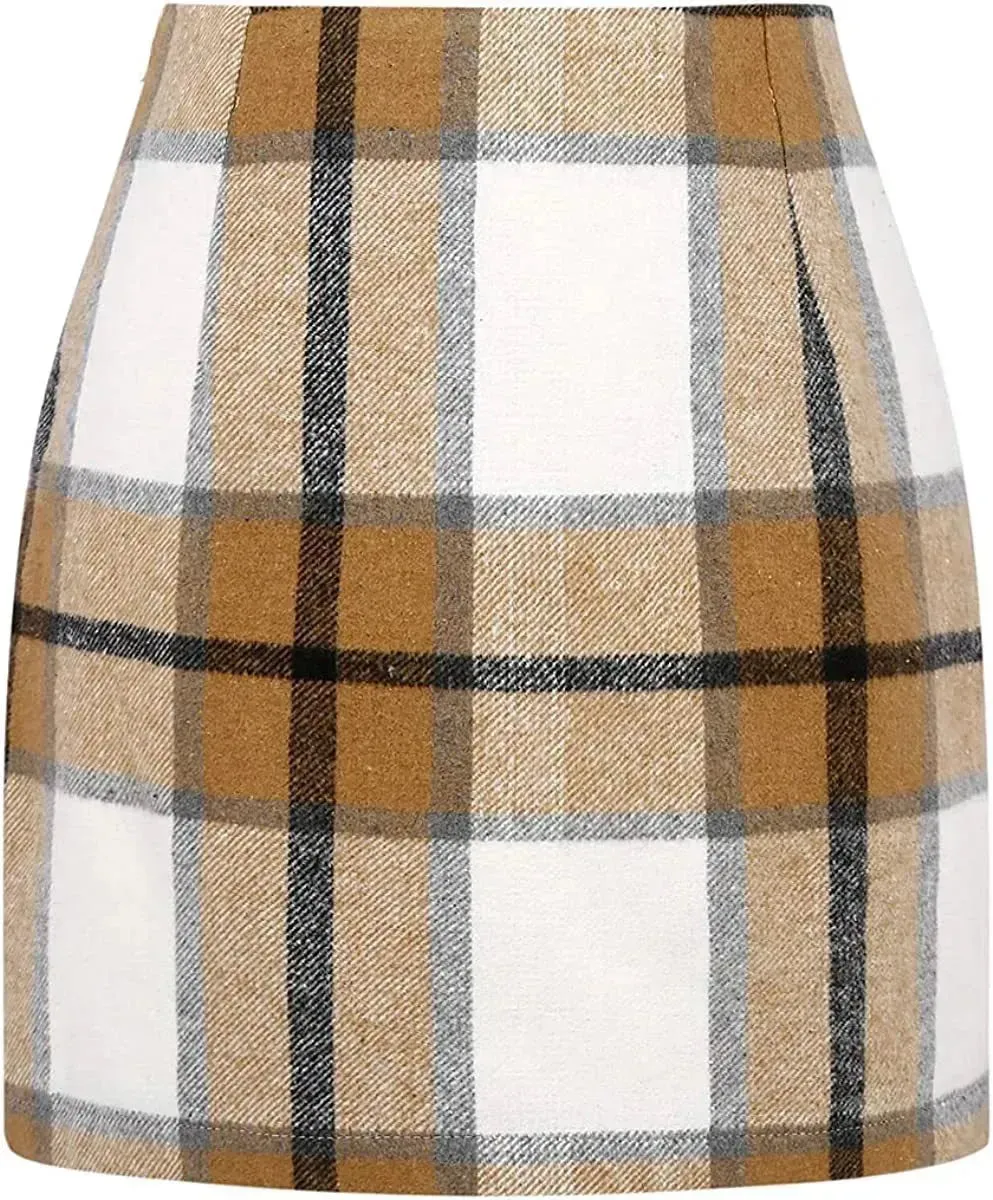 Women's High Waist Plaid Tight Pencil Wool Mini Skirt