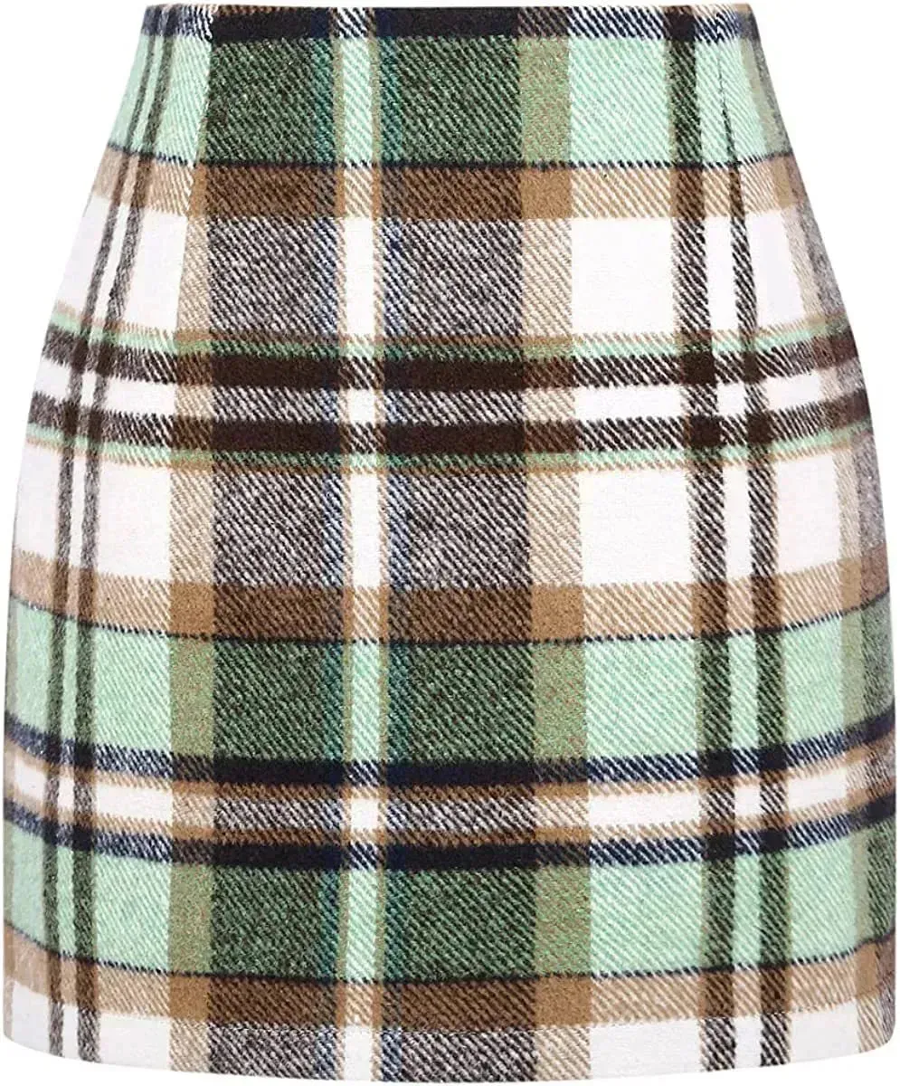 Women's High Waist Plaid Tight Pencil Wool Mini Skirt