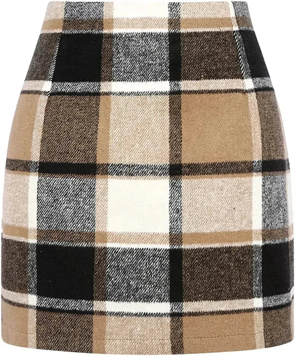 Women's High Waist Plaid Tight Pencil Wool Mini Skirt