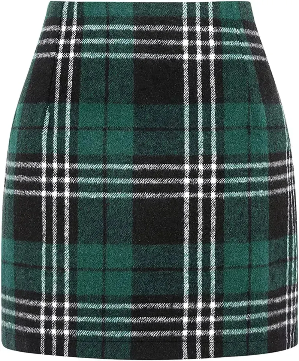 Women's High Waist Plaid Tight Pencil Wool Mini Skirt