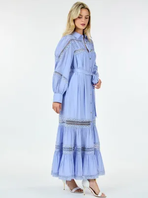 WOMEN'S LONG SLEEVE BUTTON UP SELF TIE EYELET DETAILED MAXI DRESS