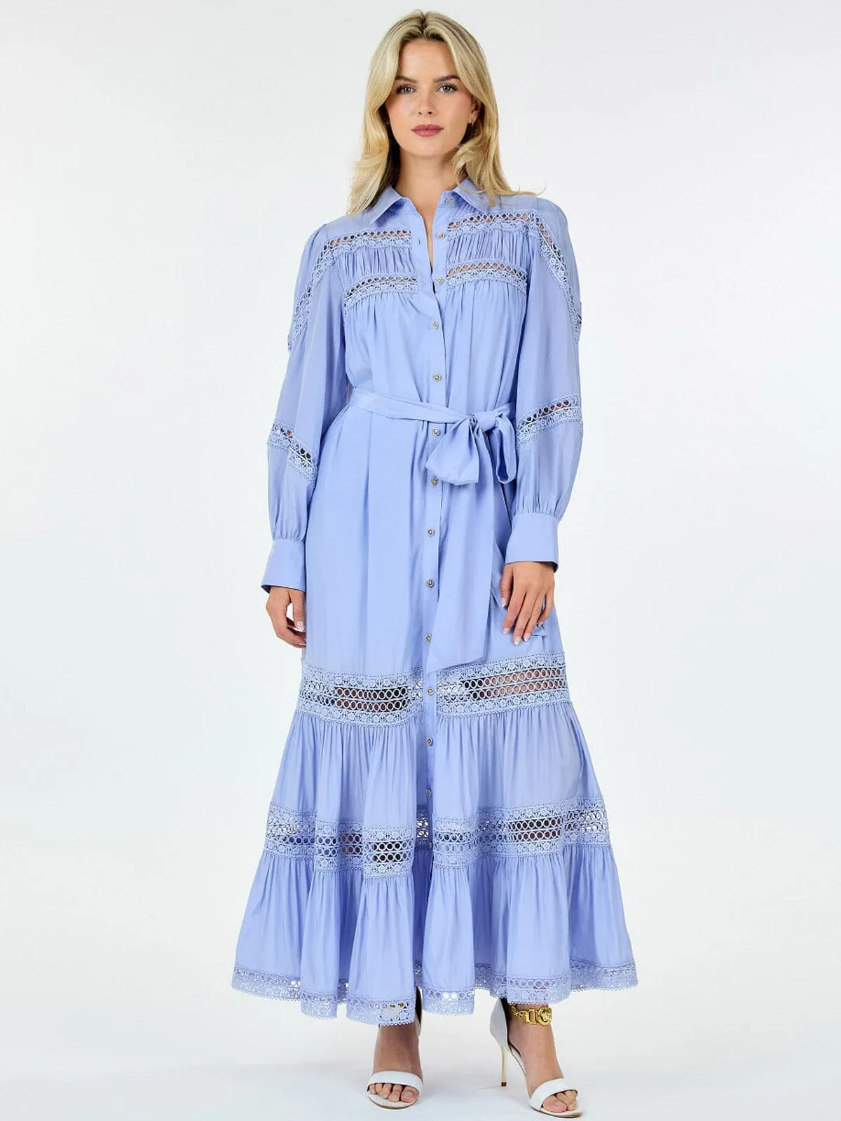 WOMEN'S LONG SLEEVE BUTTON UP SELF TIE EYELET DETAILED MAXI DRESS
