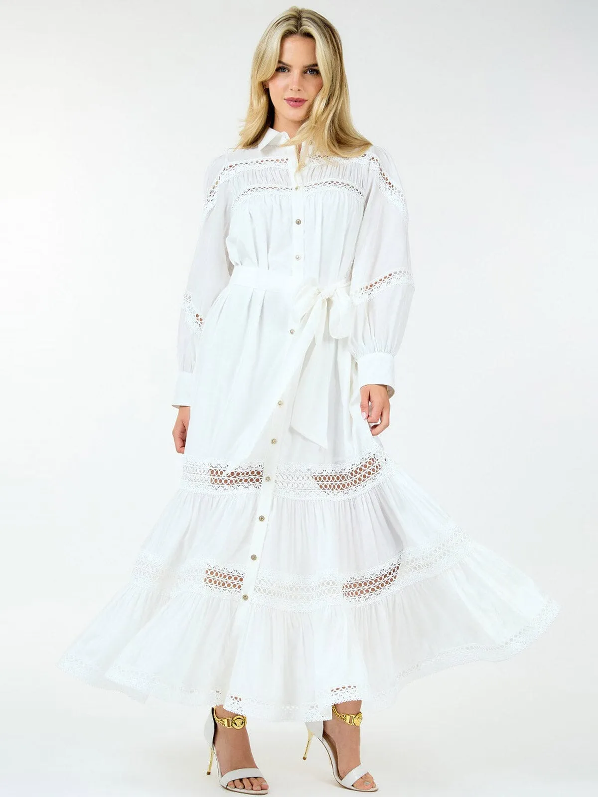 WOMEN'S LONG SLEEVE BUTTON UP SELF TIE EYELET DETAILED MAXI DRESS