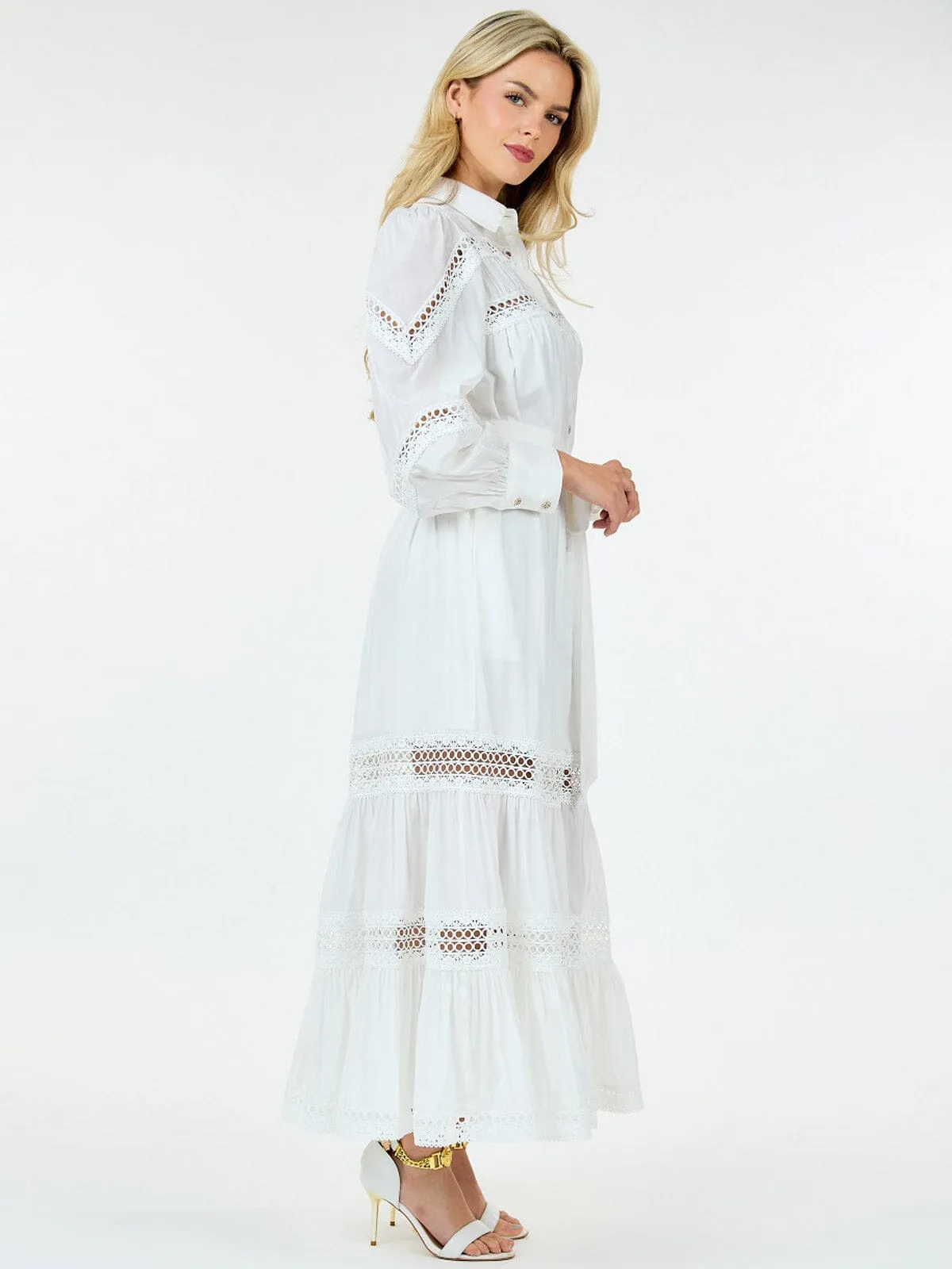 WOMEN'S LONG SLEEVE BUTTON UP SELF TIE EYELET DETAILED MAXI DRESS