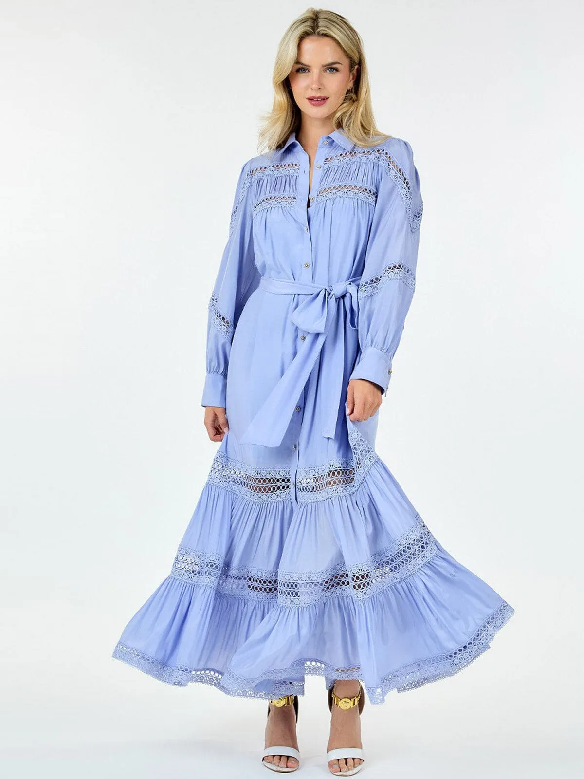 WOMEN'S LONG SLEEVE BUTTON UP SELF TIE EYELET DETAILED MAXI DRESS