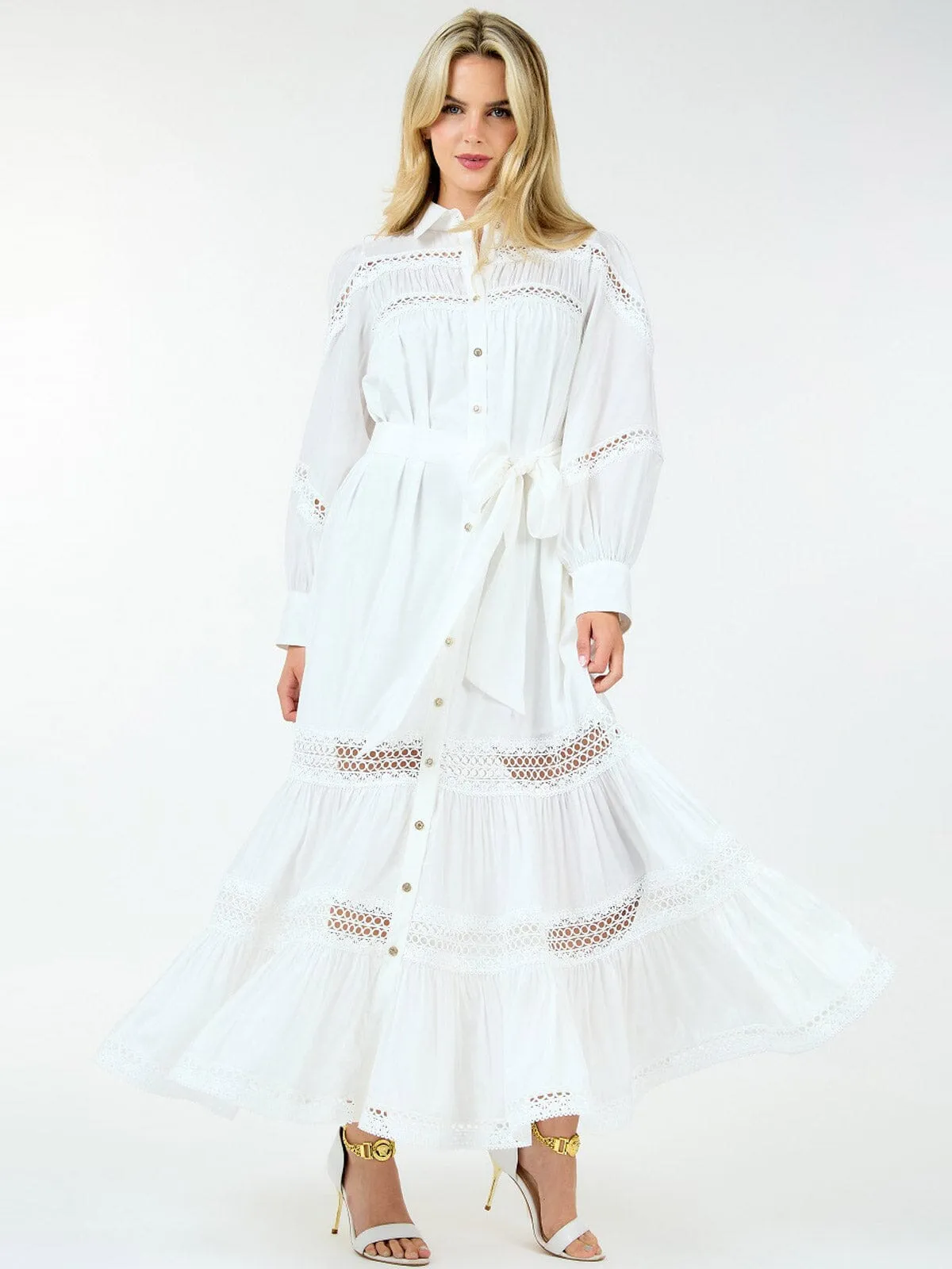 WOMEN'S LONG SLEEVE BUTTON UP SELF TIE EYELET DETAILED MAXI DRESS
