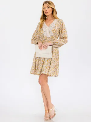 WOMEN'S LONG SLEEVE ELASTIC WAIST V-NECK DETAILED FLORAL MINI DRESS