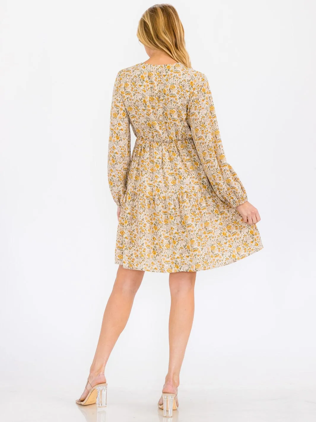 WOMEN'S LONG SLEEVE ELASTIC WAIST V-NECK DETAILED FLORAL MINI DRESS