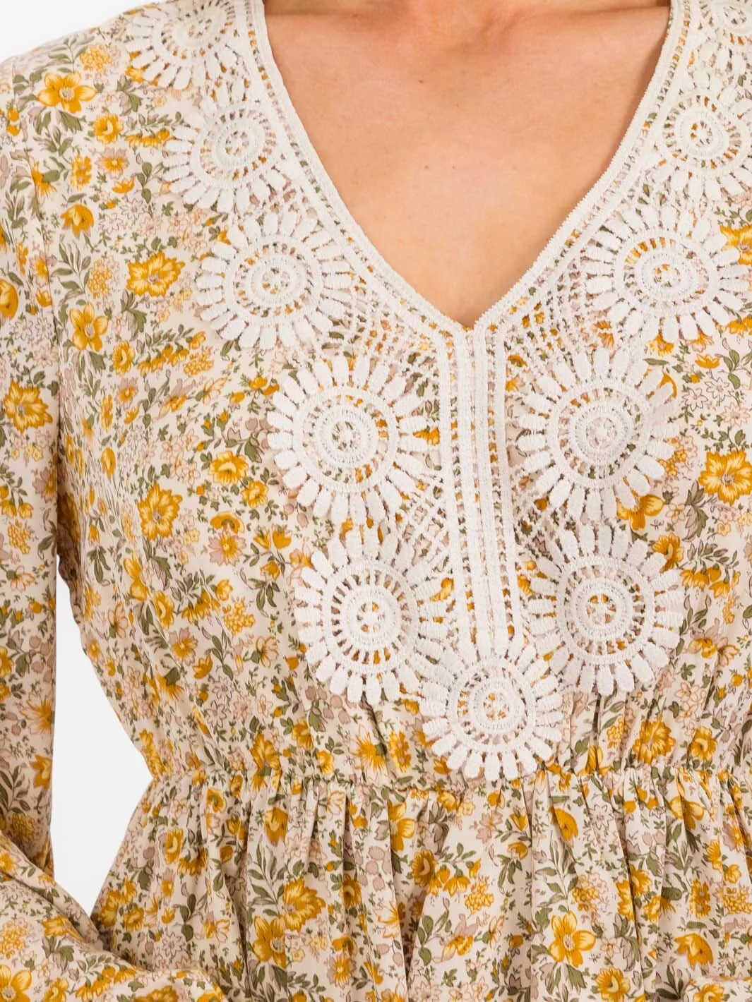 WOMEN'S LONG SLEEVE ELASTIC WAIST V-NECK DETAILED FLORAL MINI DRESS