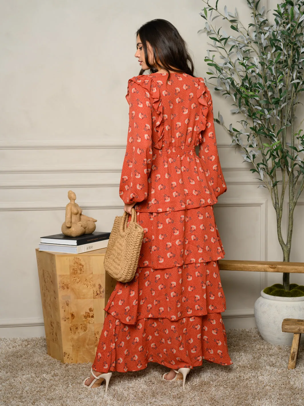 WOMEN'S LONG SLEEVE FLORAL PRINT BOHO MAXI DRESS