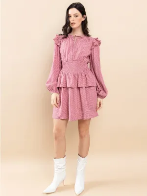 WOMEN'S LONG SLEEVE RUFFLE SMOCK WAIST MINI DRESS
