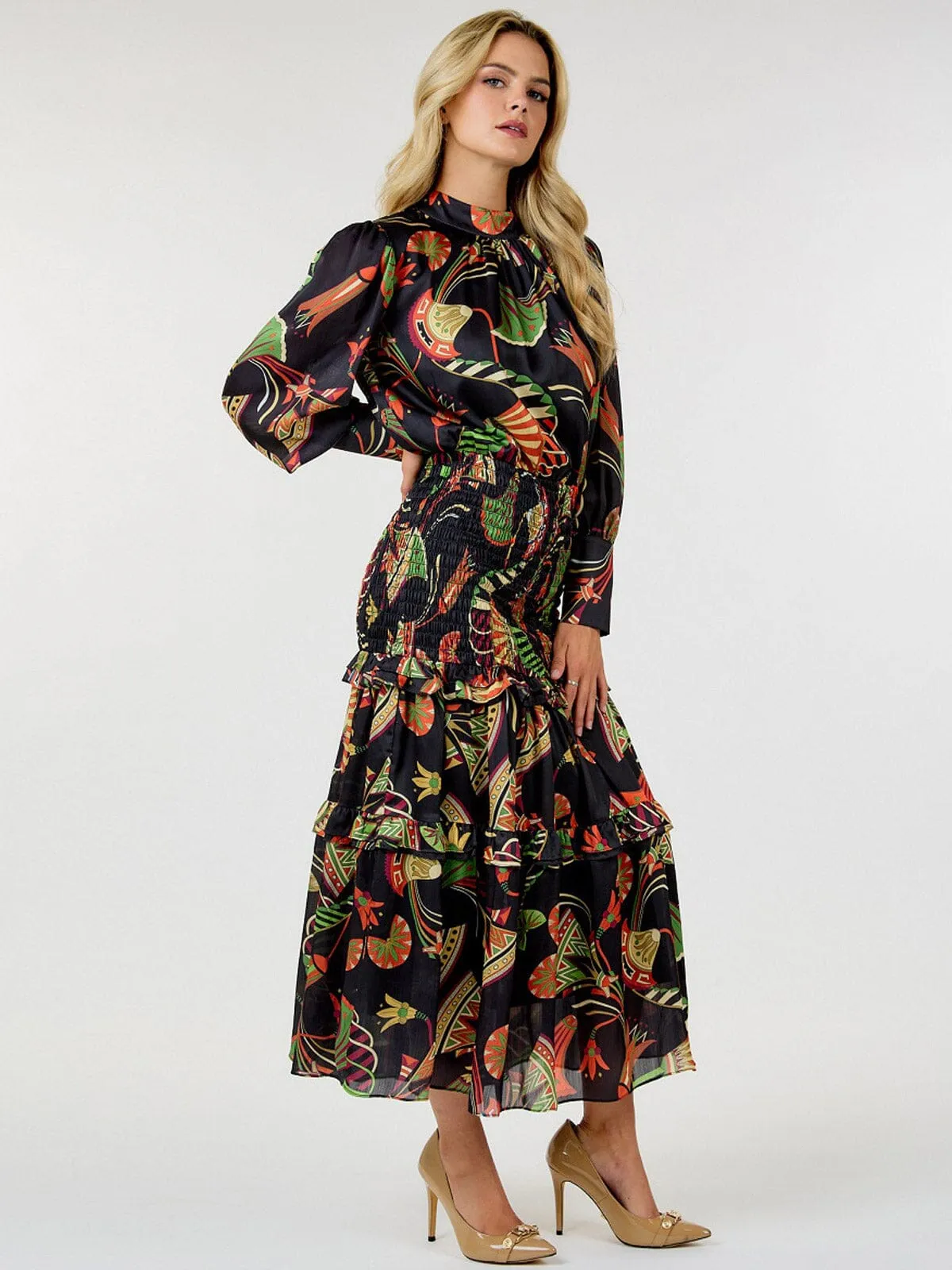 WOMEN'S LONG SLEEVE SMOCK TIERED FLORAL PRINT MAXI DRESS