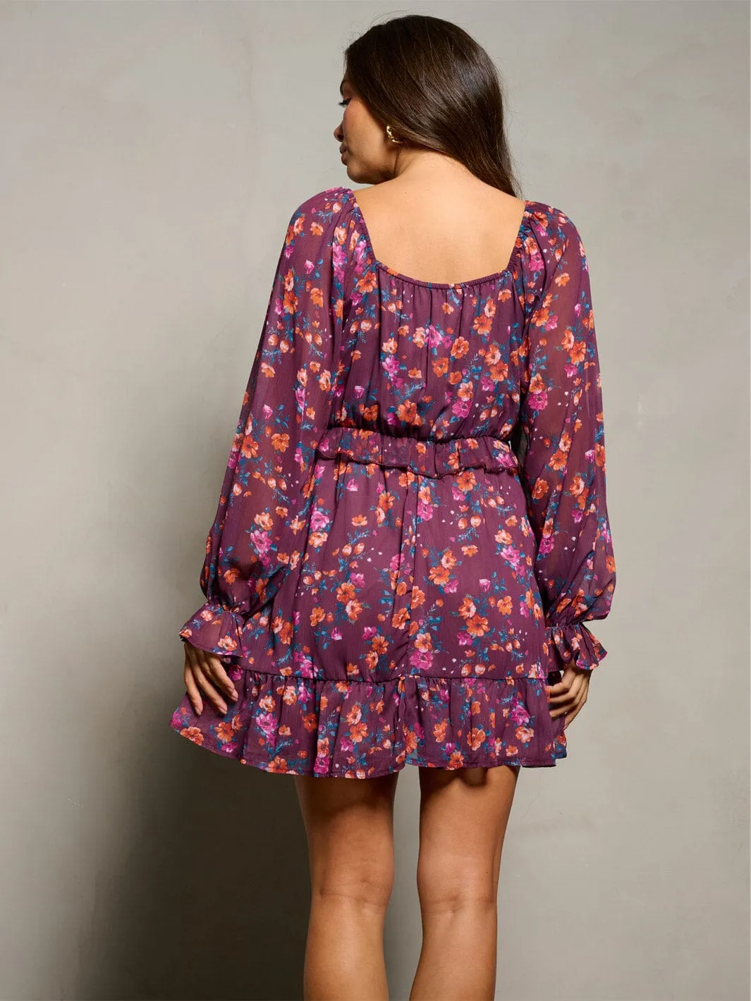 WOMEN'S LONG SLEEVE SQUARE NECK SMOCK FLORAL MINI DRESS