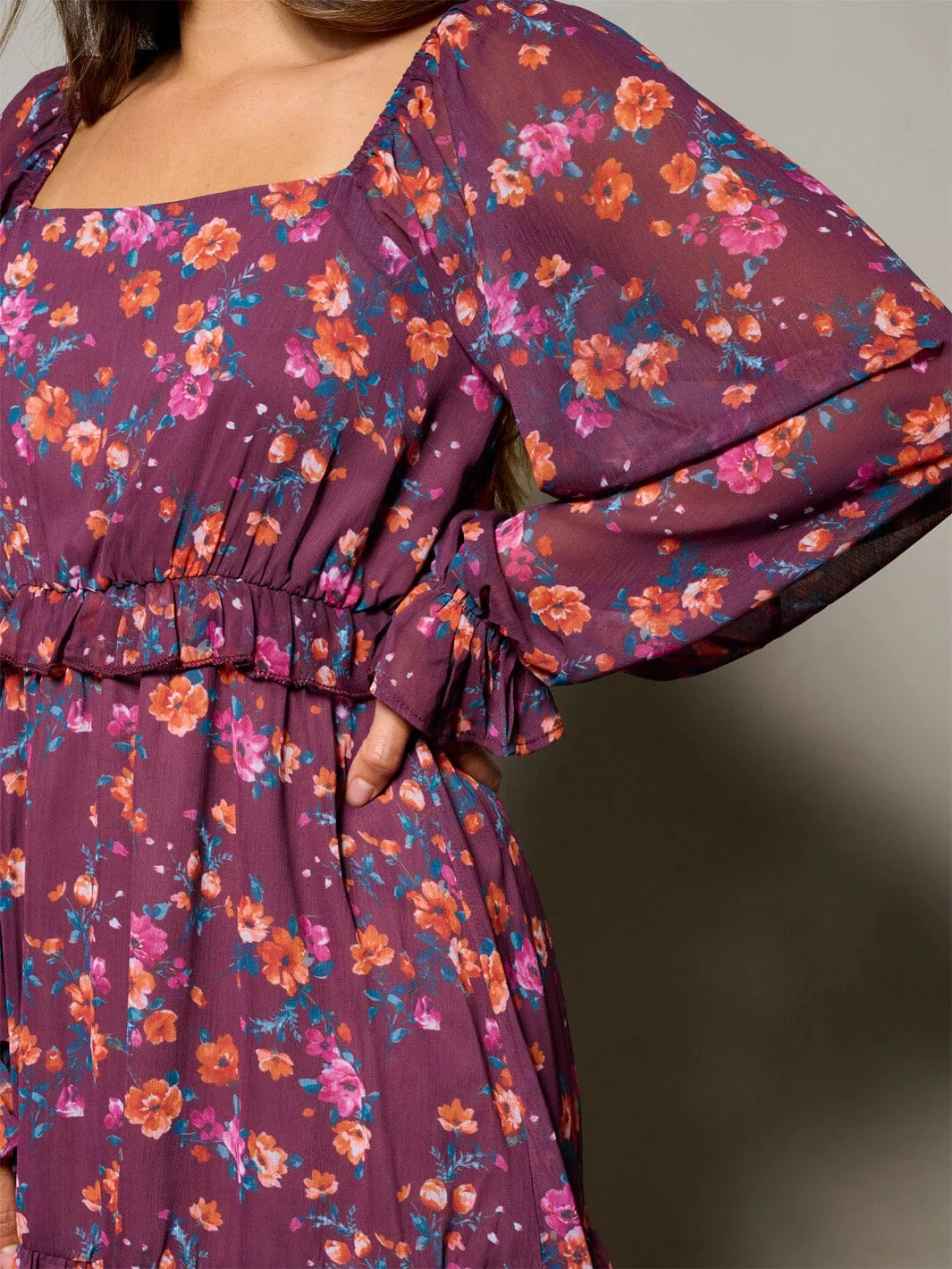 WOMEN'S LONG SLEEVE SQUARE NECK SMOCK FLORAL MINI DRESS