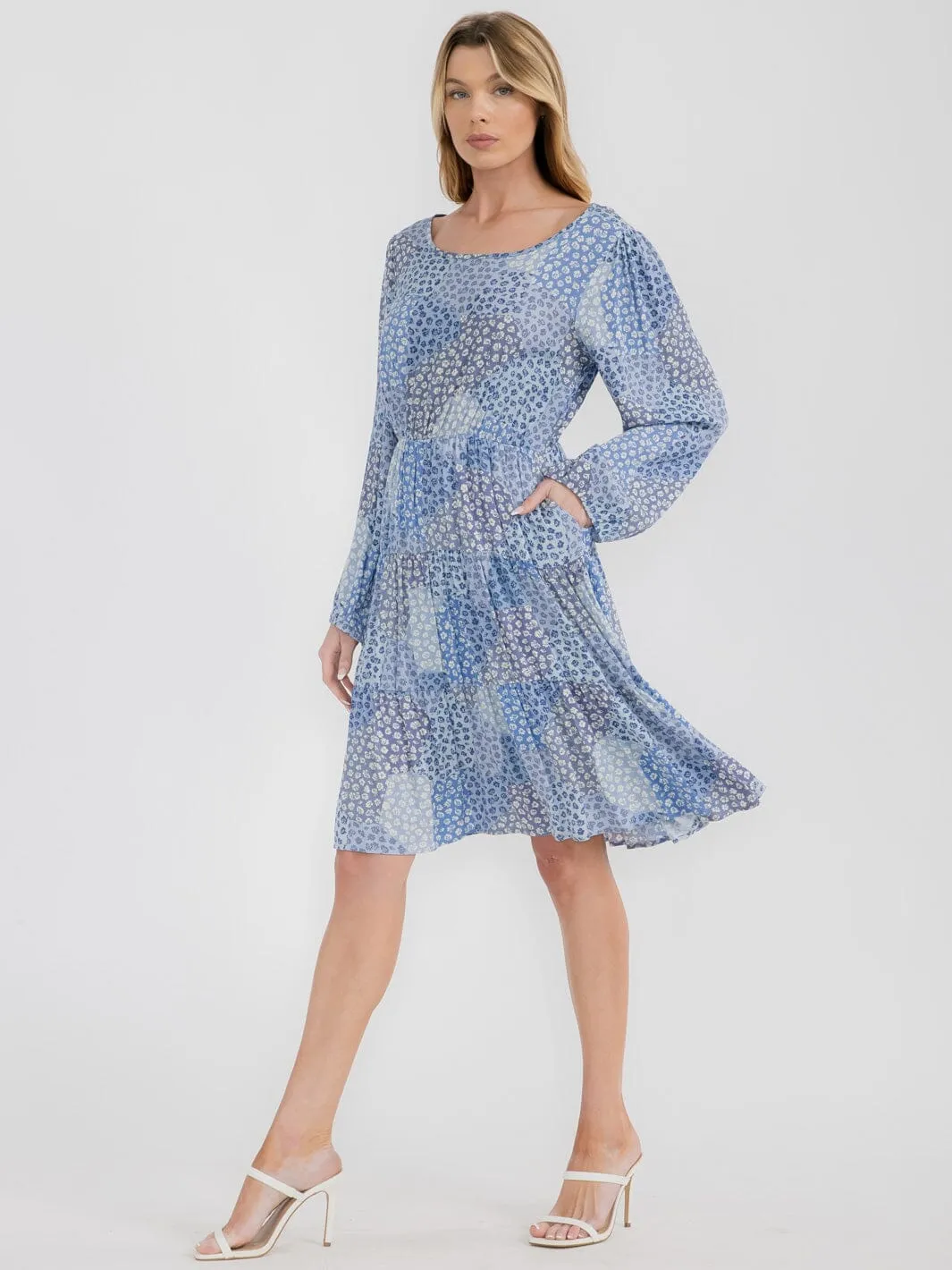 WOMEN'S LONG SLEEVES FRONT POCKETS TIERED FLORAL MIDI DRESS