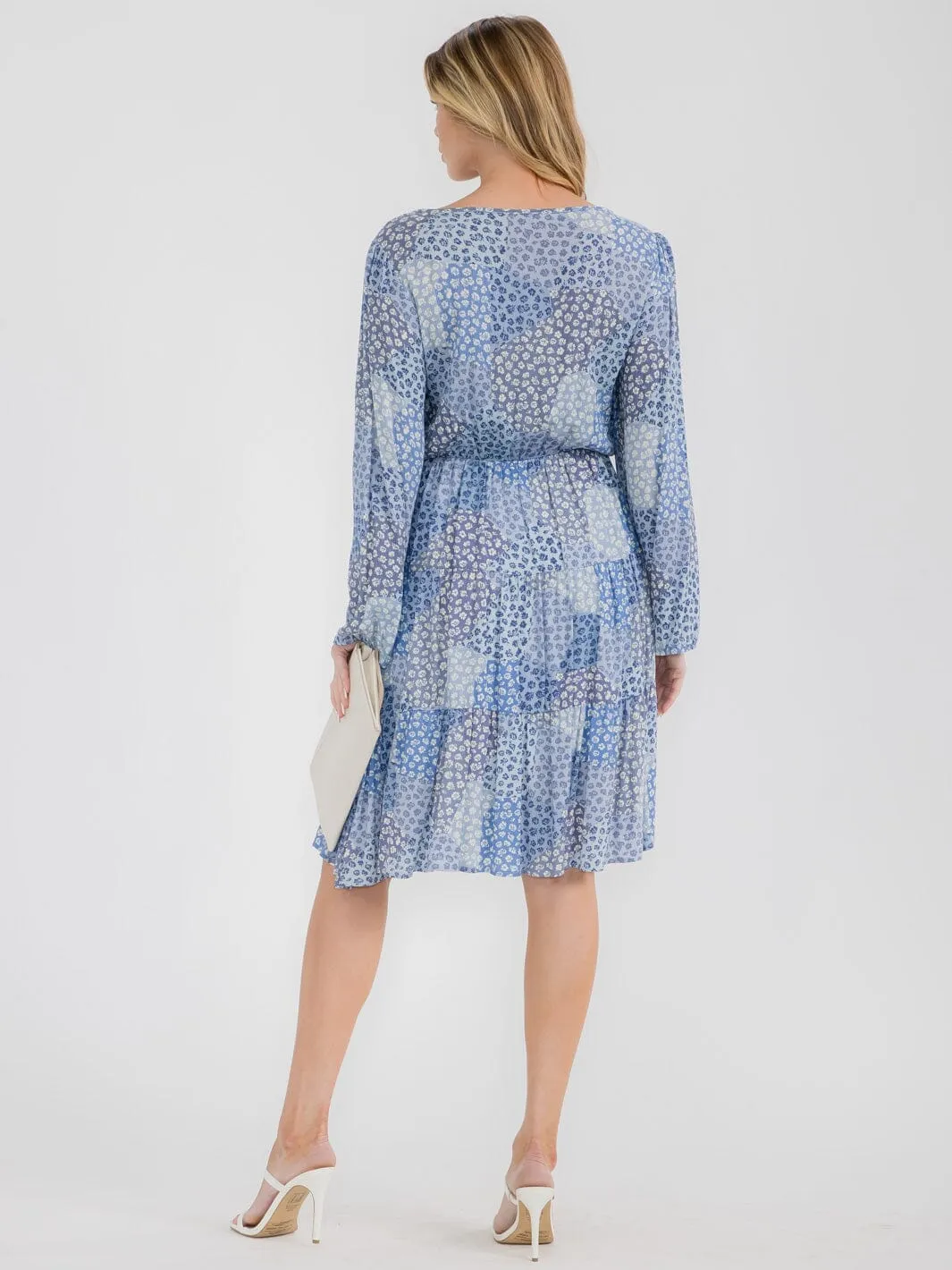 WOMEN'S LONG SLEEVES FRONT POCKETS TIERED FLORAL MIDI DRESS