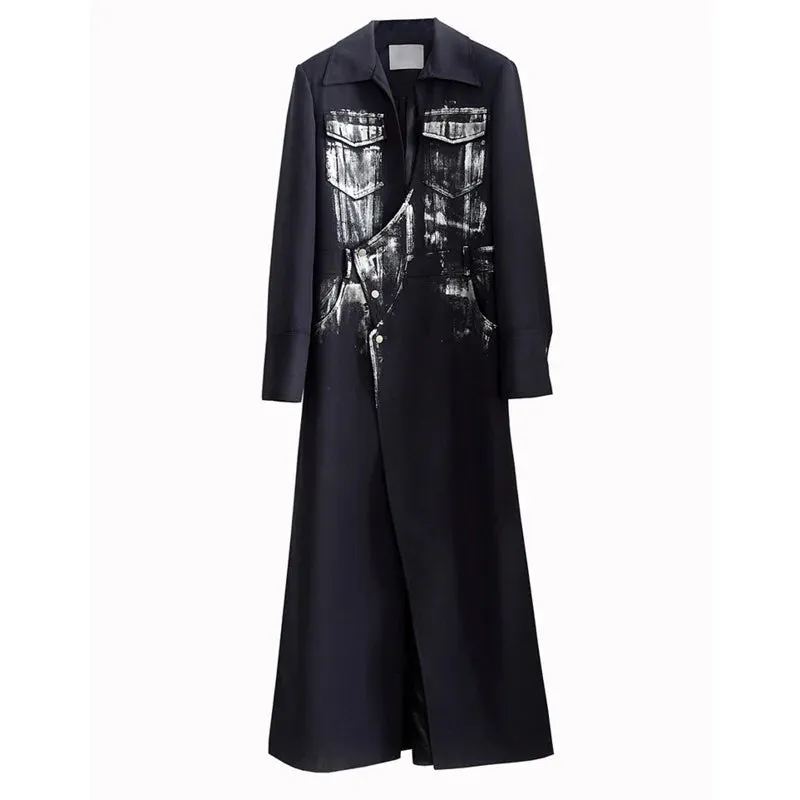 Women's Navy Irregular Slit Long Coat V-Neck Long Sleeve Loose Fit Long Coat Jacket