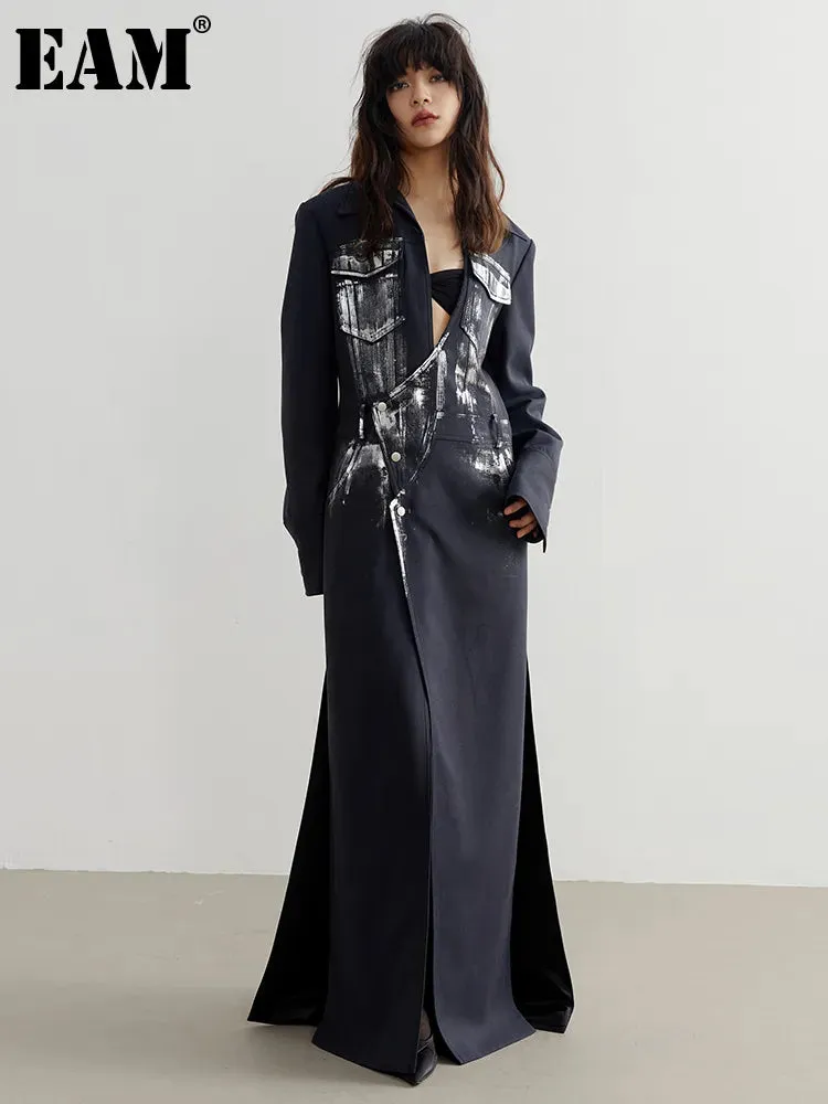 Women's Navy Irregular Slit Long Coat V-Neck Long Sleeve Loose Fit Long Coat Jacket