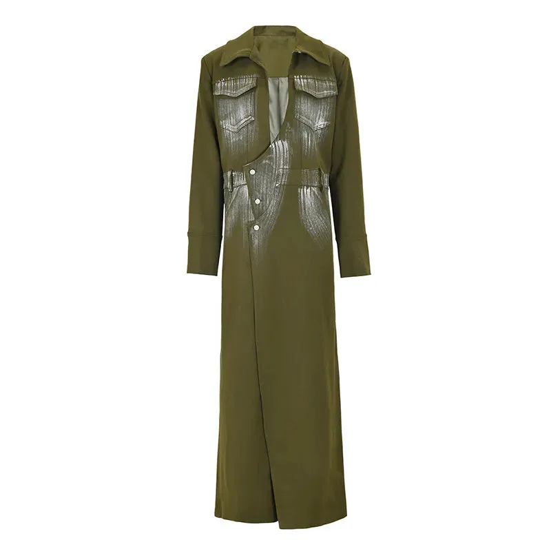 Women's Navy Irregular Slit Long Coat V-Neck Long Sleeve Loose Fit Long Coat Jacket