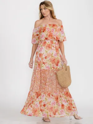 WOMEN'S OFF SHOULDER ELASTIC WAIST RUFFLE TIERED FLORAL MAXI DRESS