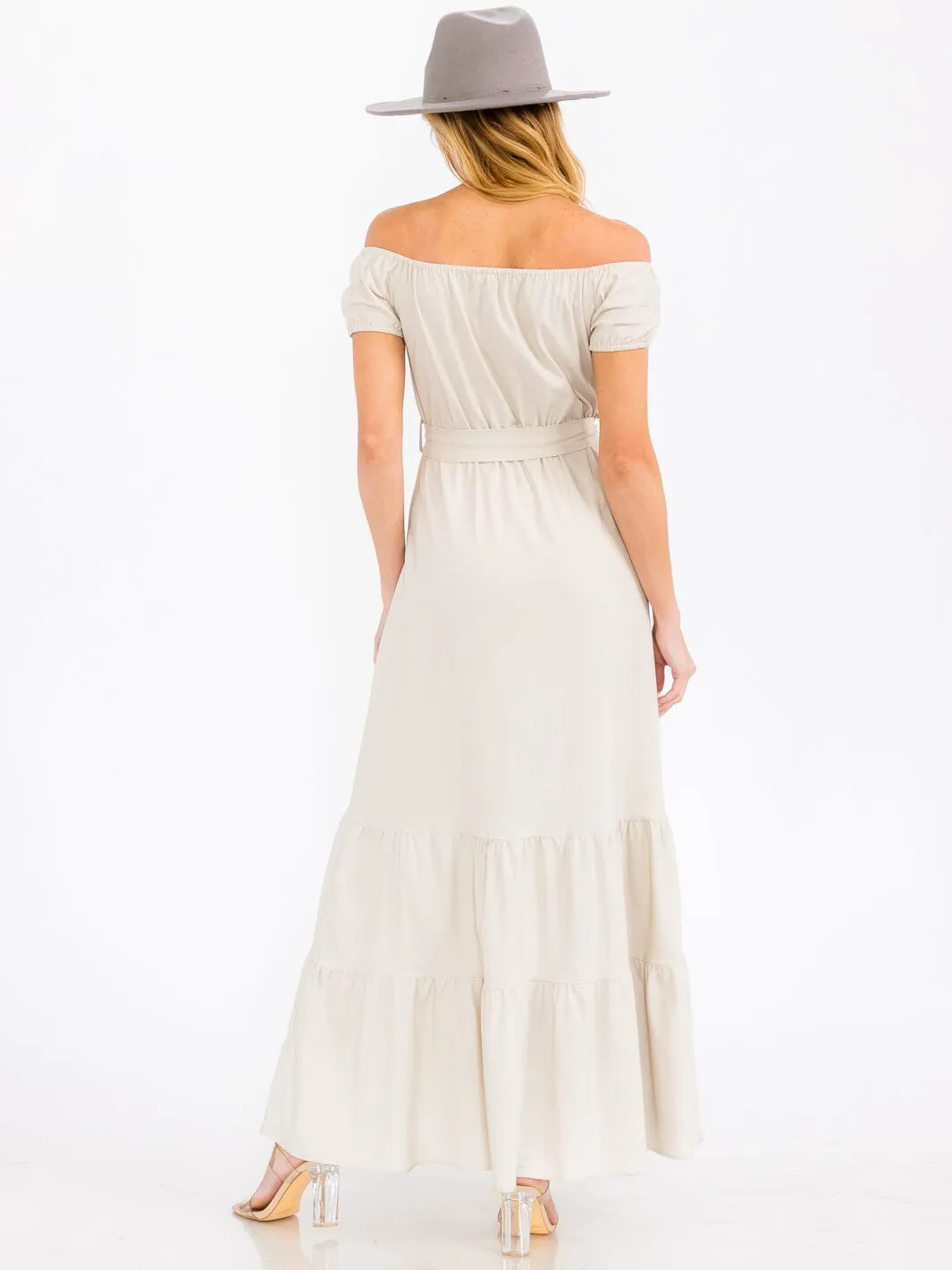 WOMEN'S OFF SHOULDER SELD TIE TIERED MAXI DRESS