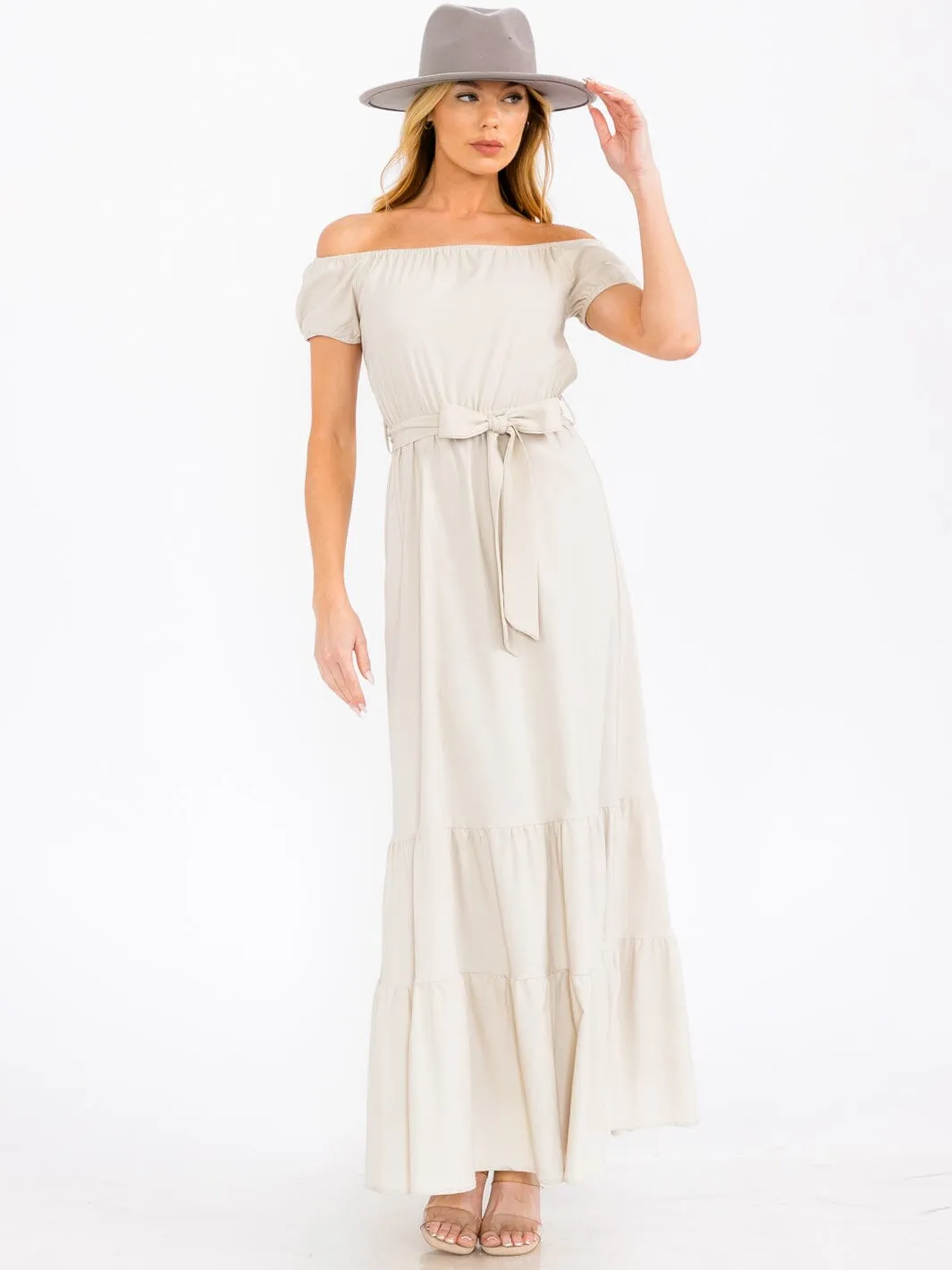 WOMEN'S OFF SHOULDER SELD TIE TIERED MAXI DRESS