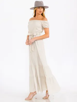 WOMEN'S OFF SHOULDER SELD TIE TIERED MAXI DRESS