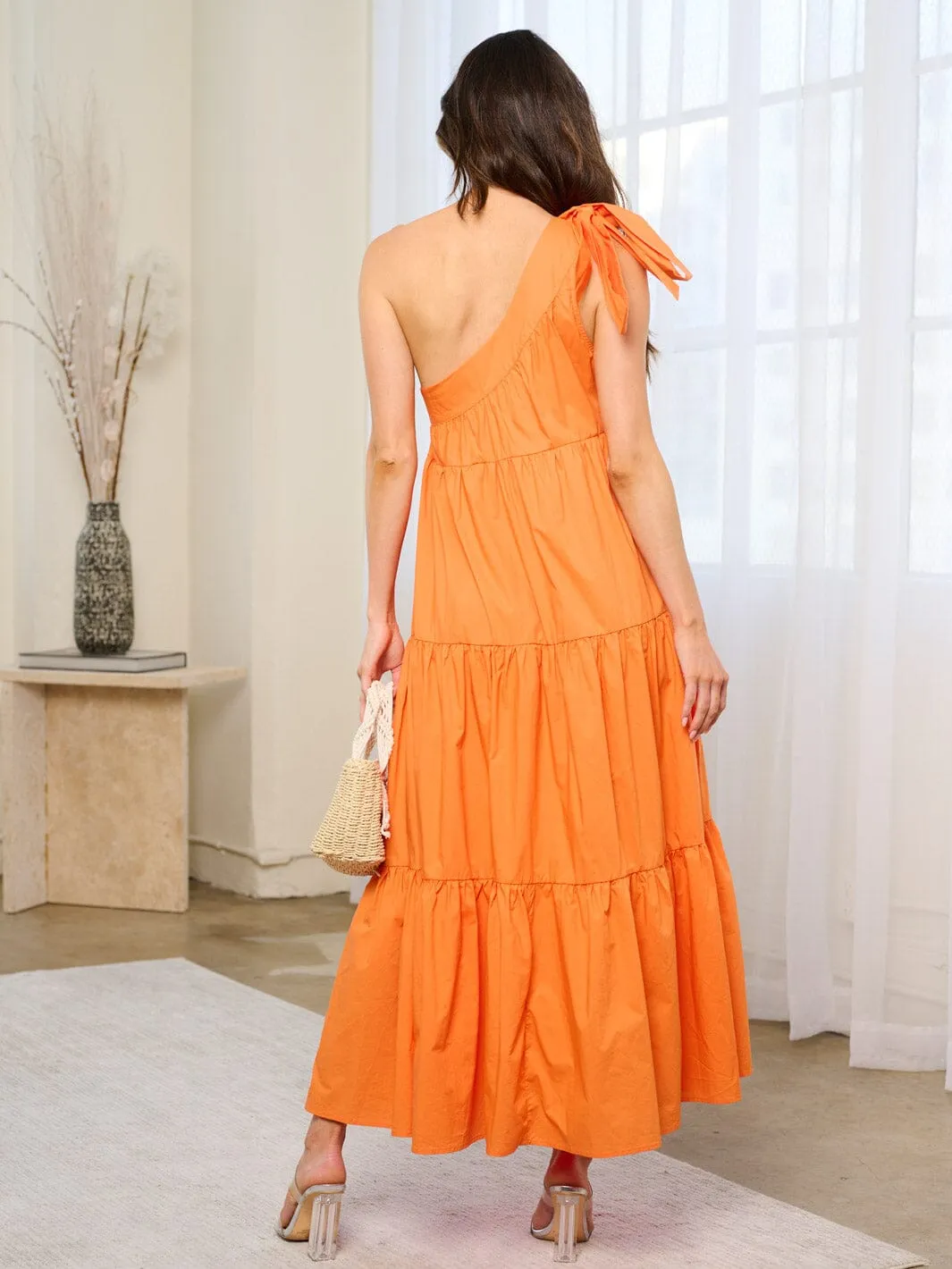 WOMEN'S ONE SHOULDER TIERED POCKETS MAXI DRESS