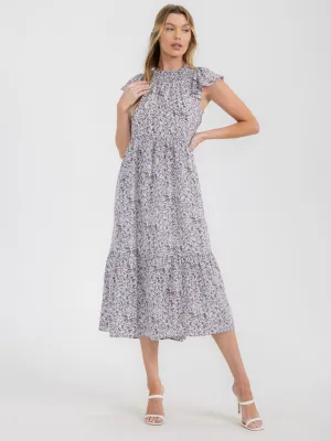 WOMEN'S RUFFLE SLEEVE SMOCK NECK POCKETS TUNIC MULTI PRINT MIDI DRESS
