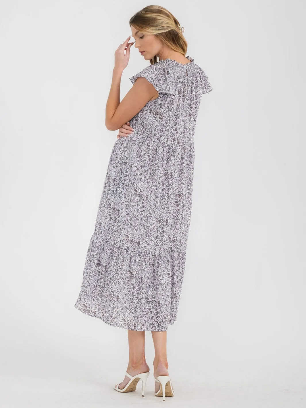 WOMEN'S RUFFLE SLEEVE SMOCK NECK POCKETS TUNIC MULTI PRINT MIDI DRESS