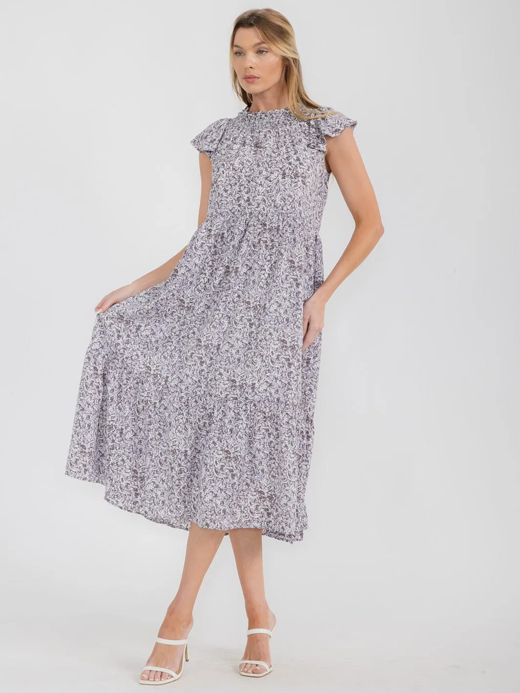 WOMEN'S RUFFLE SLEEVE SMOCK NECK POCKETS TUNIC MULTI PRINT MIDI DRESS
