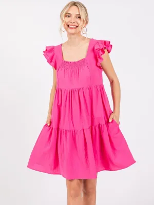 WOMEN'S RUFFLE SLEEVE TIERED POCKETS TUNIC MINI DRESS