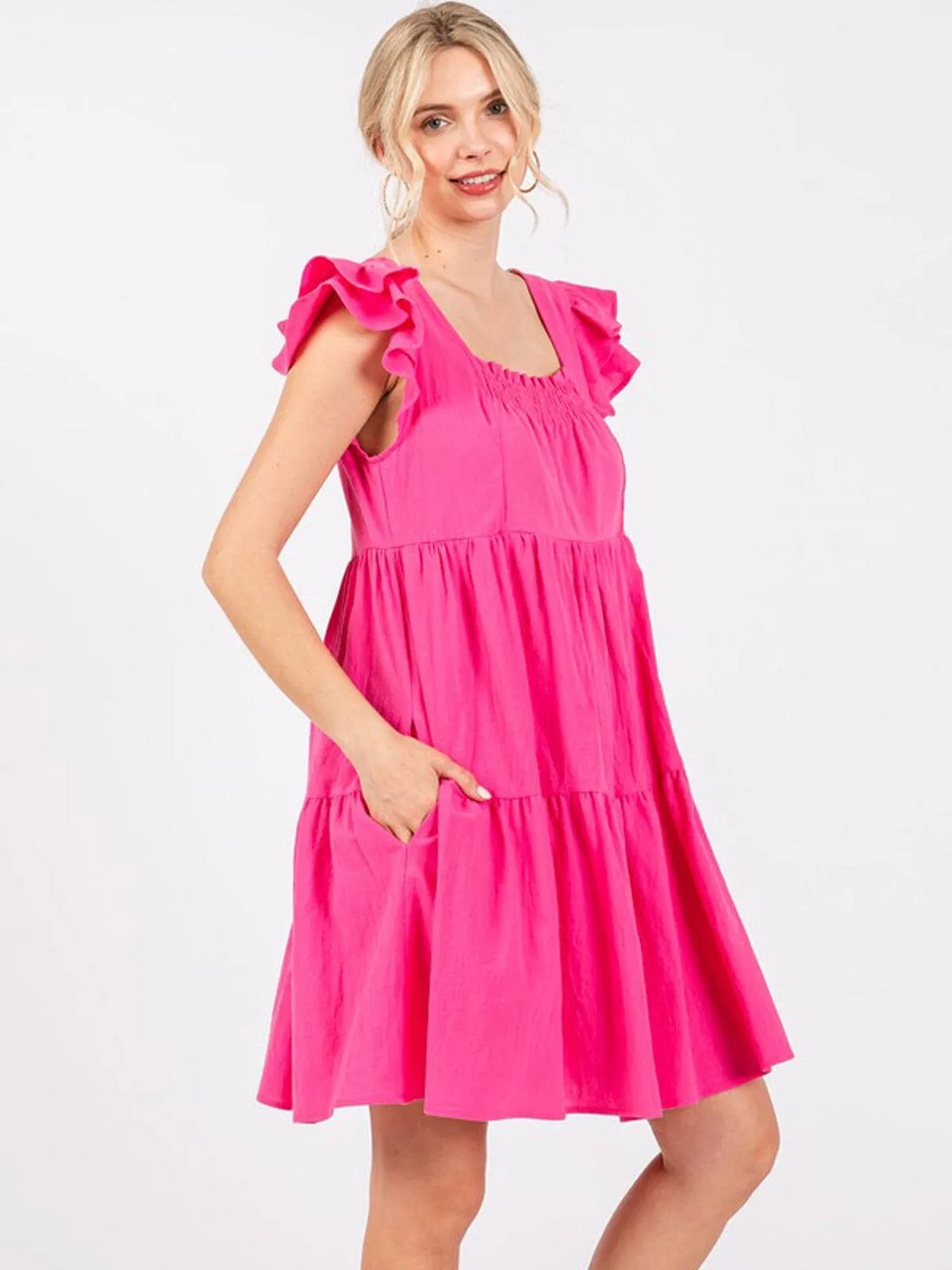 WOMEN'S RUFFLE SLEEVE TIERED POCKETS TUNIC MINI DRESS