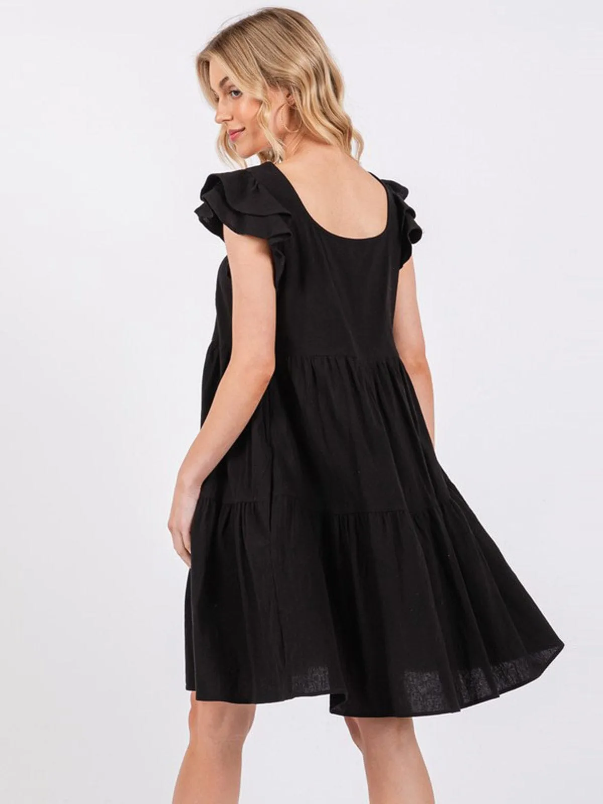 WOMEN'S RUFFLE SLEEVE TIERED POCKETS TUNIC MINI DRESS