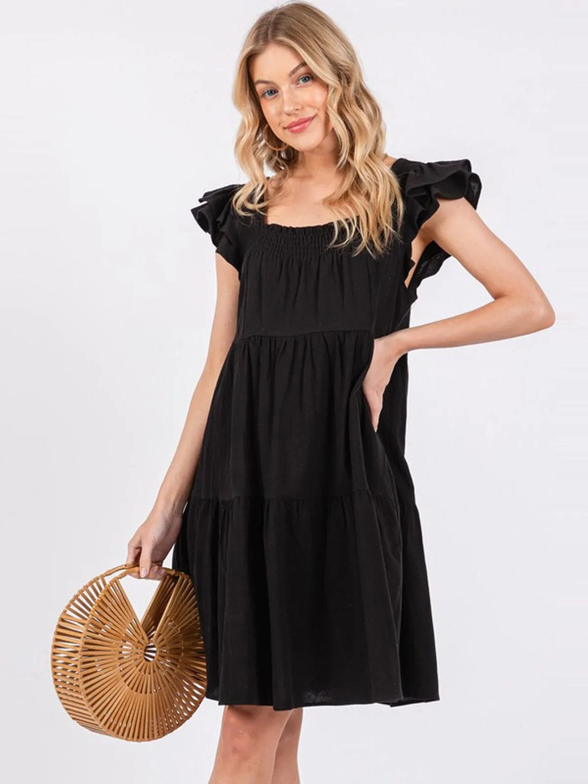 WOMEN'S RUFFLE SLEEVE TIERED POCKETS TUNIC MINI DRESS