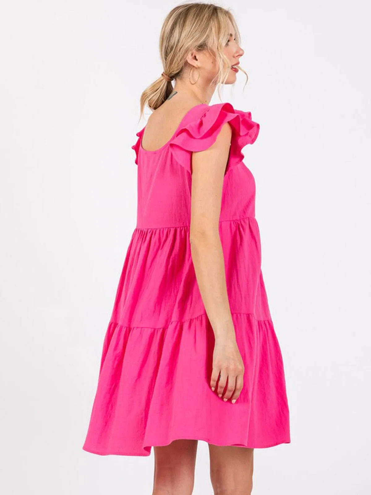 WOMEN'S RUFFLE SLEEVE TIERED POCKETS TUNIC MINI DRESS