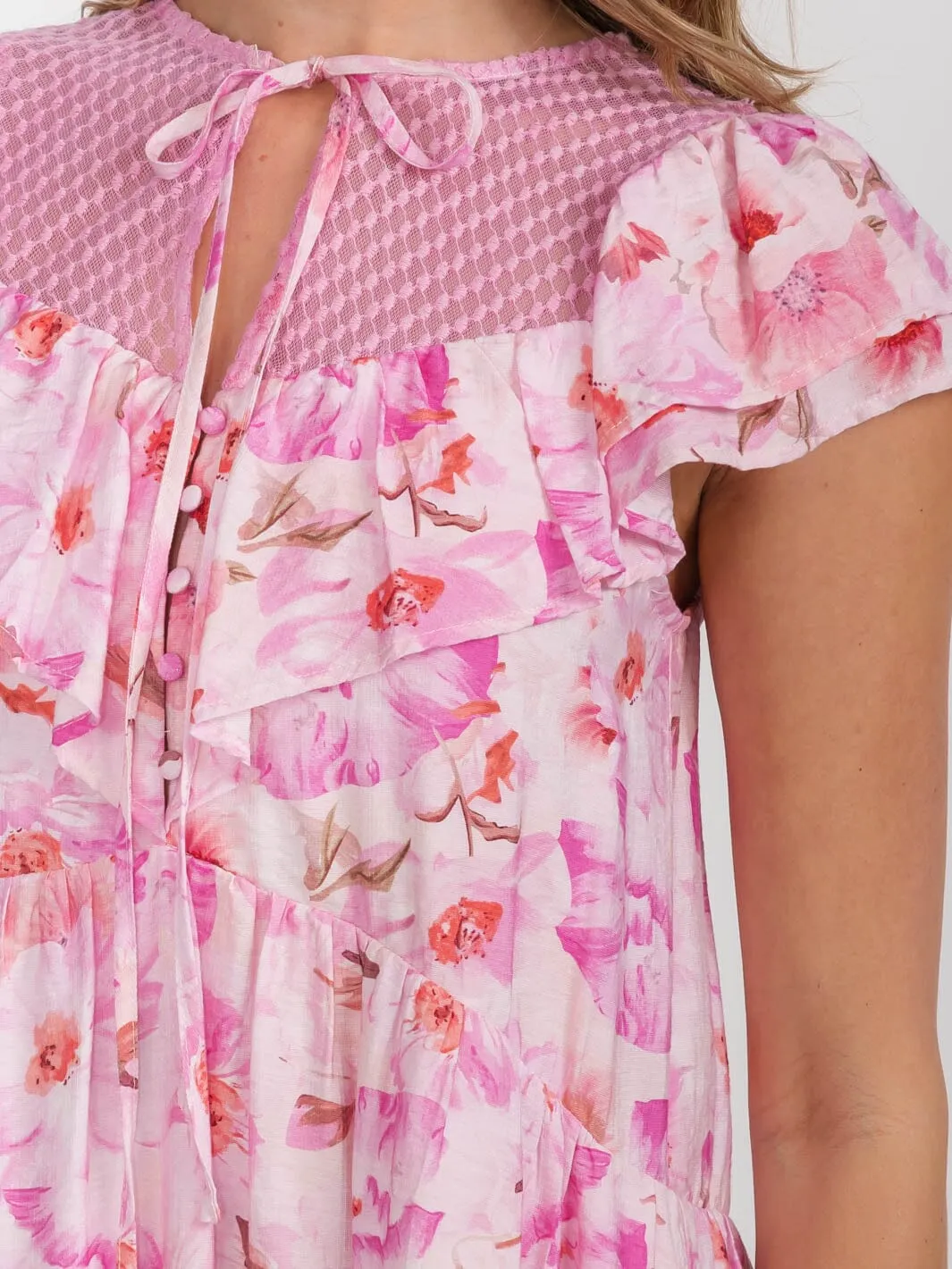 WOMEN'S RUFFLE SLEEVES BUTTON UP FRONT POCKETS TIERED FLORAL TUNIC MINI DRESS