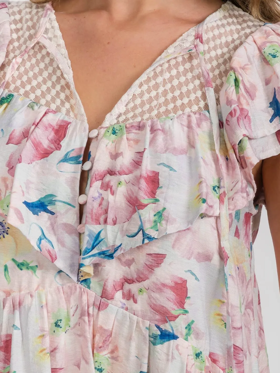 WOMEN'S RUFFLE SLEEVES BUTTON UP FRONT POCKETS TIERED FLORAL TUNIC MINI DRESS
