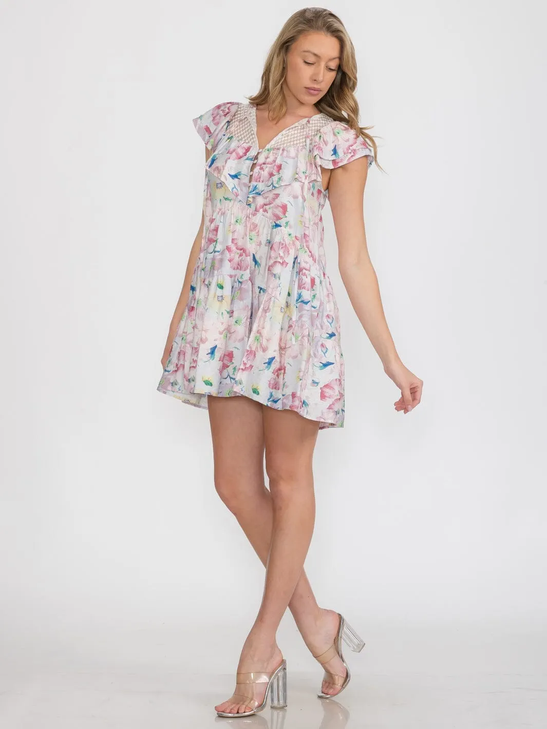 WOMEN'S RUFFLE SLEEVES BUTTON UP FRONT POCKETS TIERED FLORAL TUNIC MINI DRESS