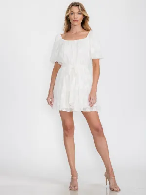 WOMEN'S SHORT PUFF SLEEVE SELF TIE SWISS DETAILED MINI DRESS